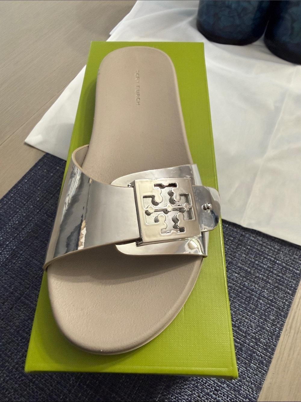 Tory Burch Metallic Silver Logo Slide Sandal with Cream Footbed